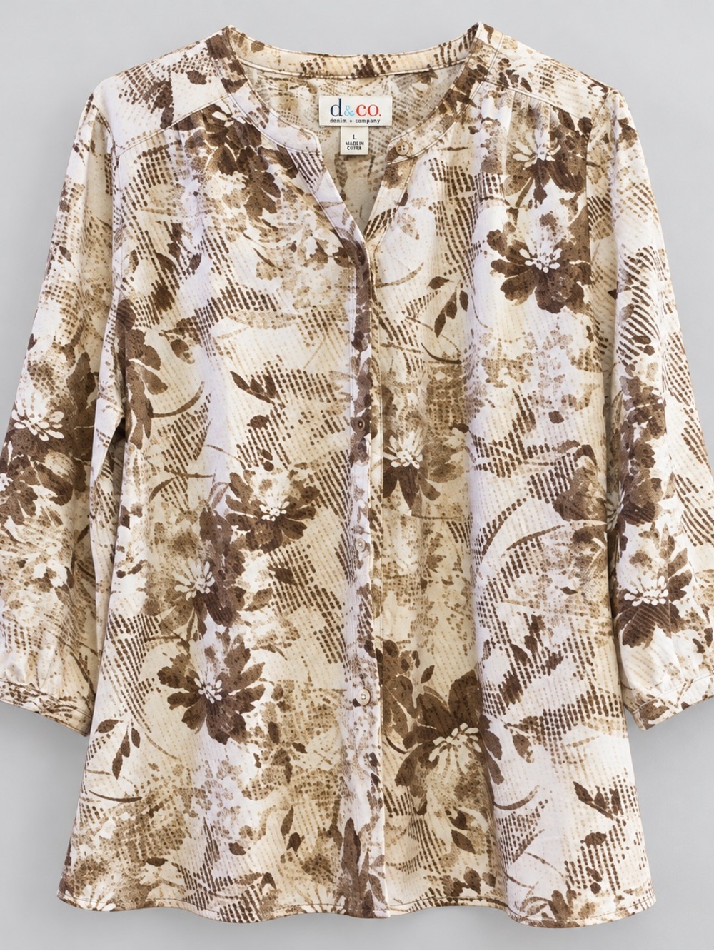 Denim & Co D&C Floral Button Front Blouse Beige Brown Size L 3/4 Sleeve Stretch